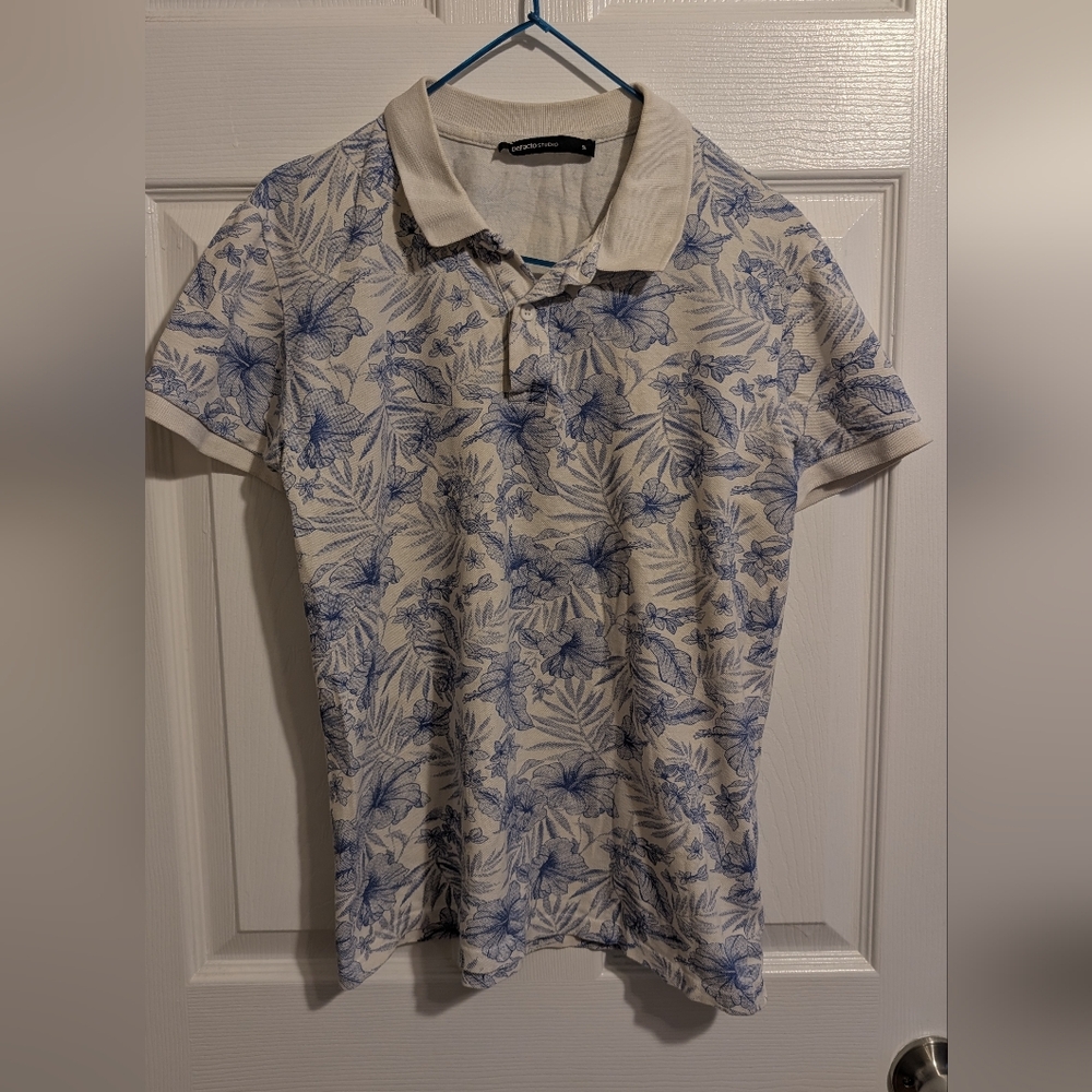 Floral Blue and White Polo Shirt